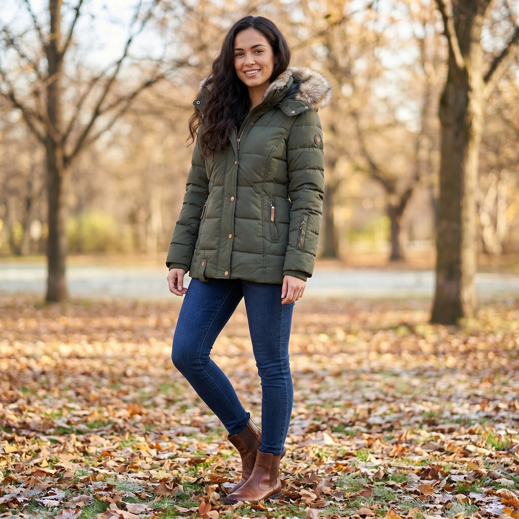 Womens Coat Fitted Winter Puffer Jacket with Faux Fur Trimmed Hood and Button Front