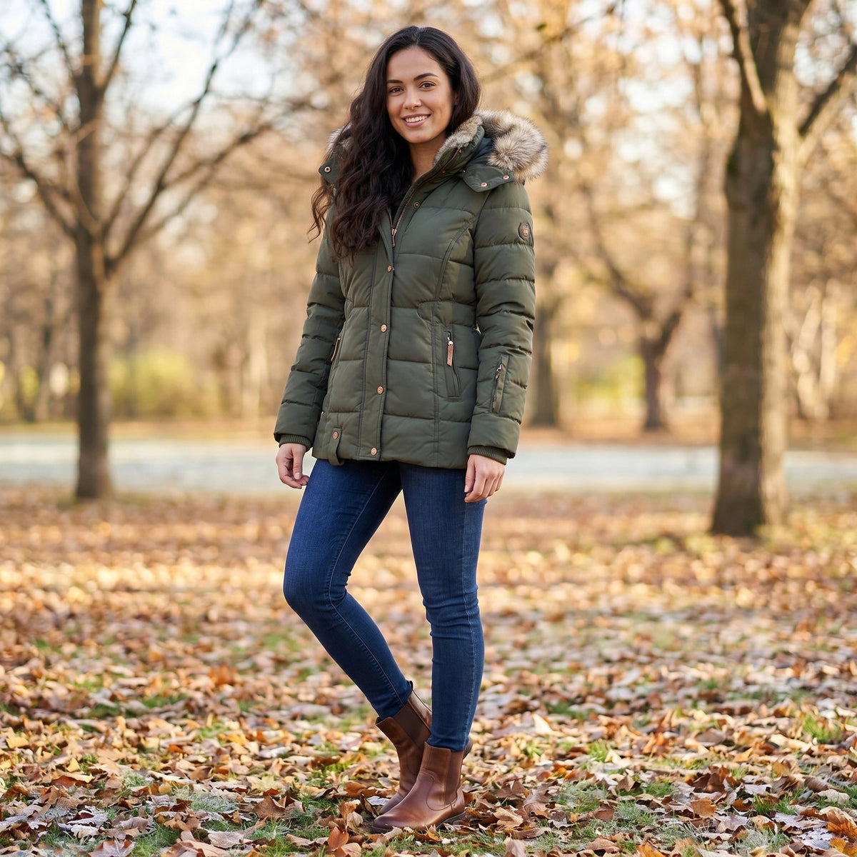 Womens Coat Fitted Winter Puffer Jacket with Faux Fur Trimmed Hood and Button Front