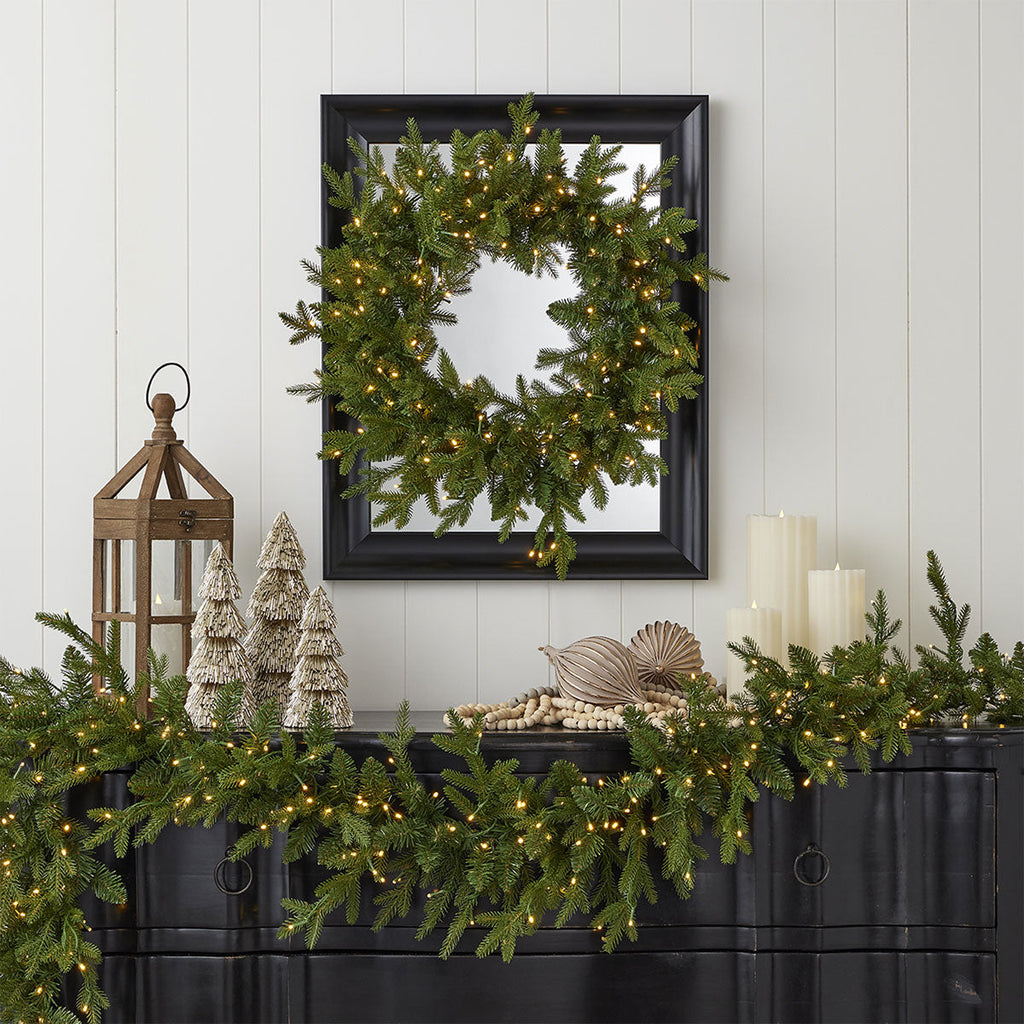 Christmas Wreath 24 Inch Pine with 150 Warm White LEDs and 375 Tips for Outdoor Use
