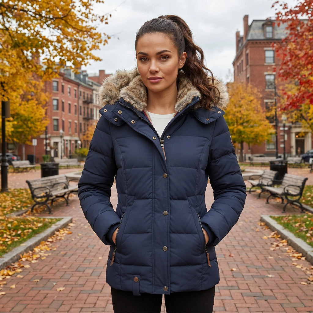 Womens Coat Fitted Winter Puffer Jacket with Faux Fur Trimmed Hood and Button Front