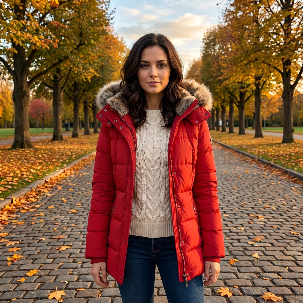 Womens Coat Fitted Winter Puffer Jacket with Faux Fur Trimmed Hood and Button Front
