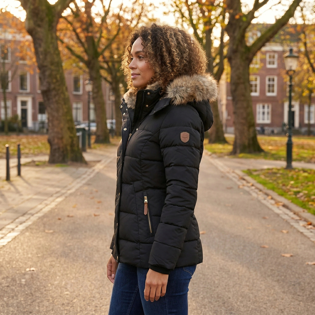 Womens Coat Fitted Winter Puffer Jacket with Faux Fur Trimmed Hood and Button Front