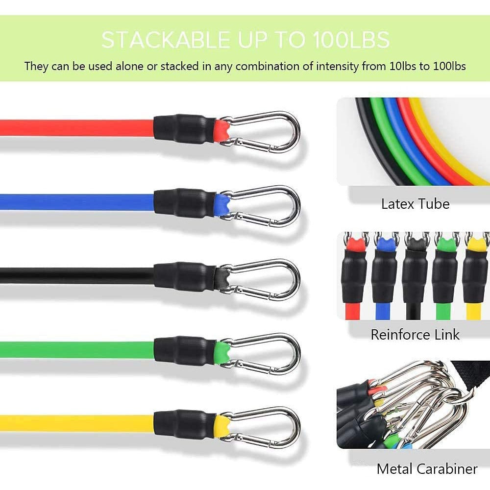 Resistance Bands Set of 11 Pieces Stacking to 100 lbs with Door Anchor