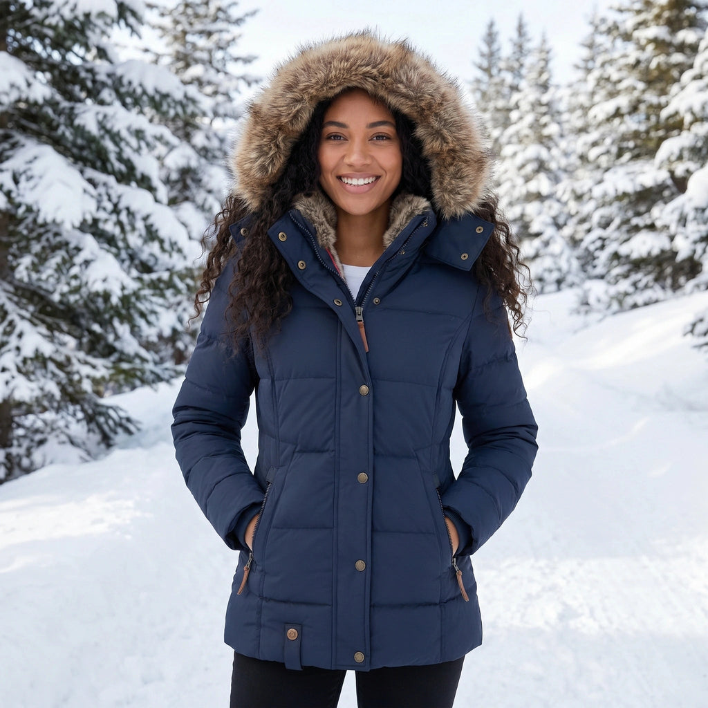 Womens Coat Fitted Winter Puffer Jacket with Faux Fur Trimmed Hood and Button Front