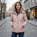 Womens Coat Fitted Winter Puffer Jacket with Faux Fur Trimmed Hood and Button Front