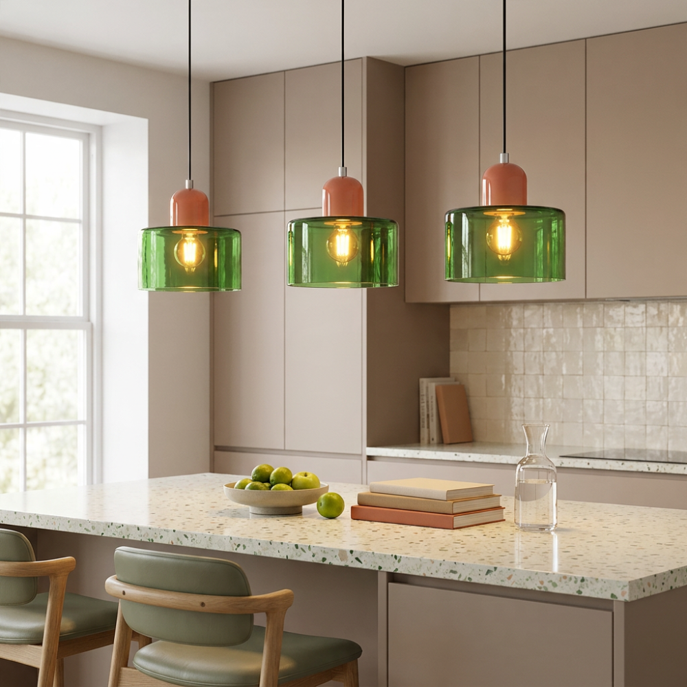 Pendant Light Bauhaus Coloured Glass Hanging Lamp for Kitchen Island Lighting to 150 cm