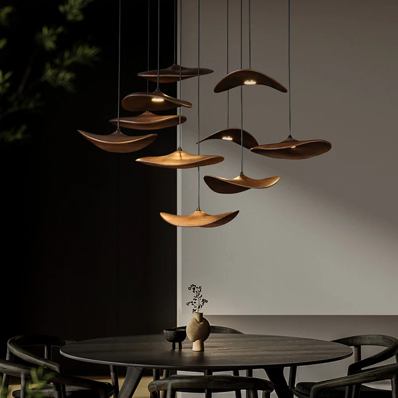 Multi Light Pendant Chandelier Wood Disc Pendant Light with Tricolor LED and Wall Switch