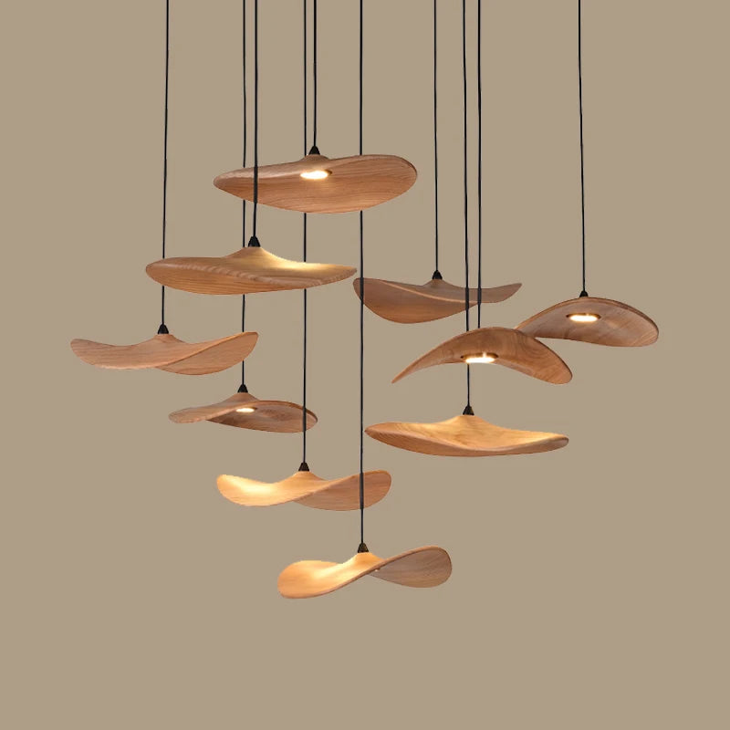 Multi Light Pendant Chandelier Wood Disc Pendant Light with Tricolor LED and Wall Switch