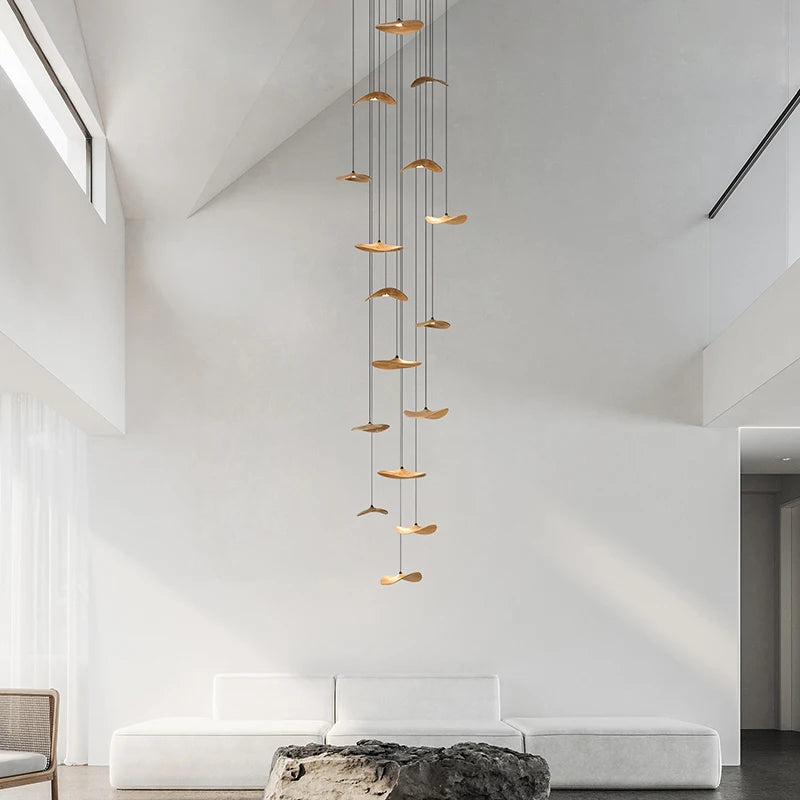 Multi Light Pendant Chandelier Wood Disc Pendant Light with Tricolor LED and Wall Switch
