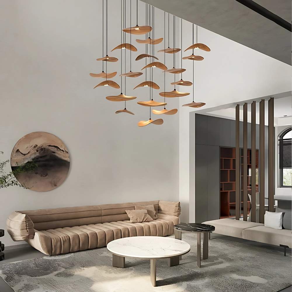 Multi Light Pendant Chandelier Wood Disc Pendant Light with Tricolor LED and Wall Switch