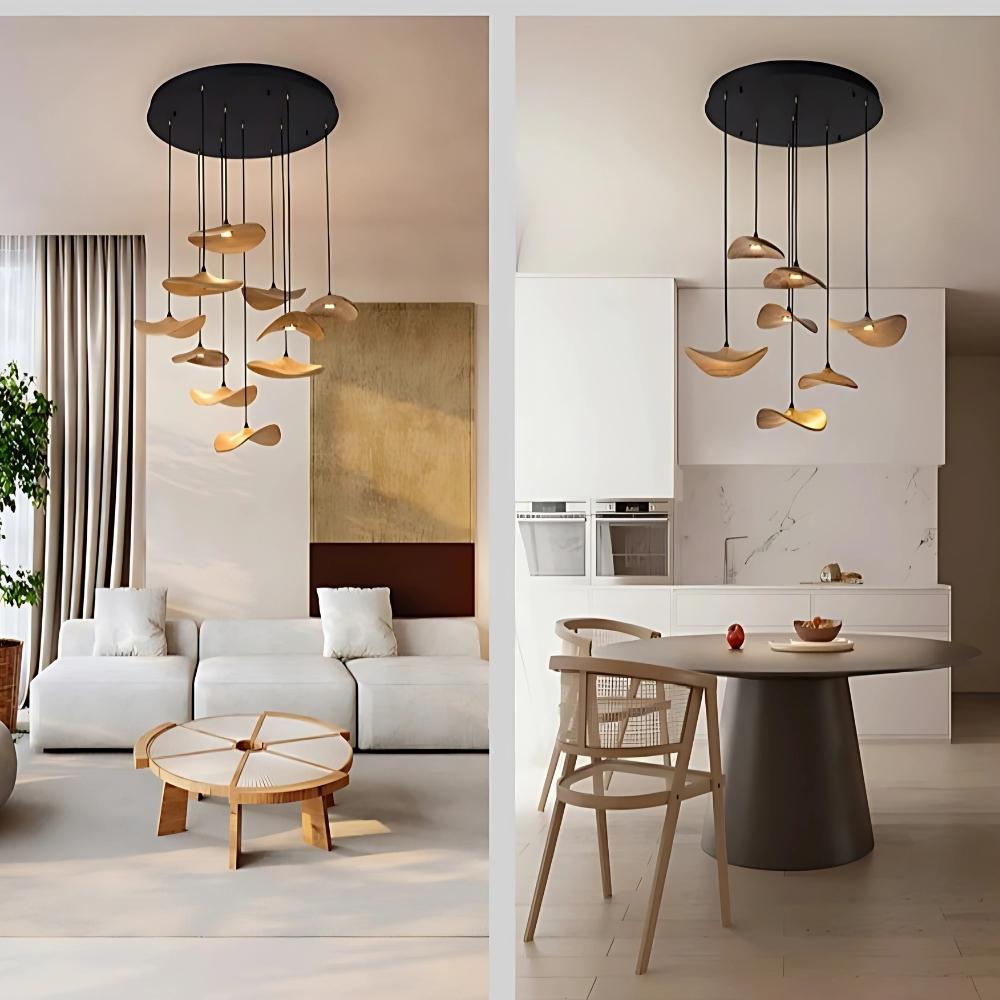 Multi Light Pendant Chandelier Wood Disc Pendant Light with Tricolor LED and Wall Switch