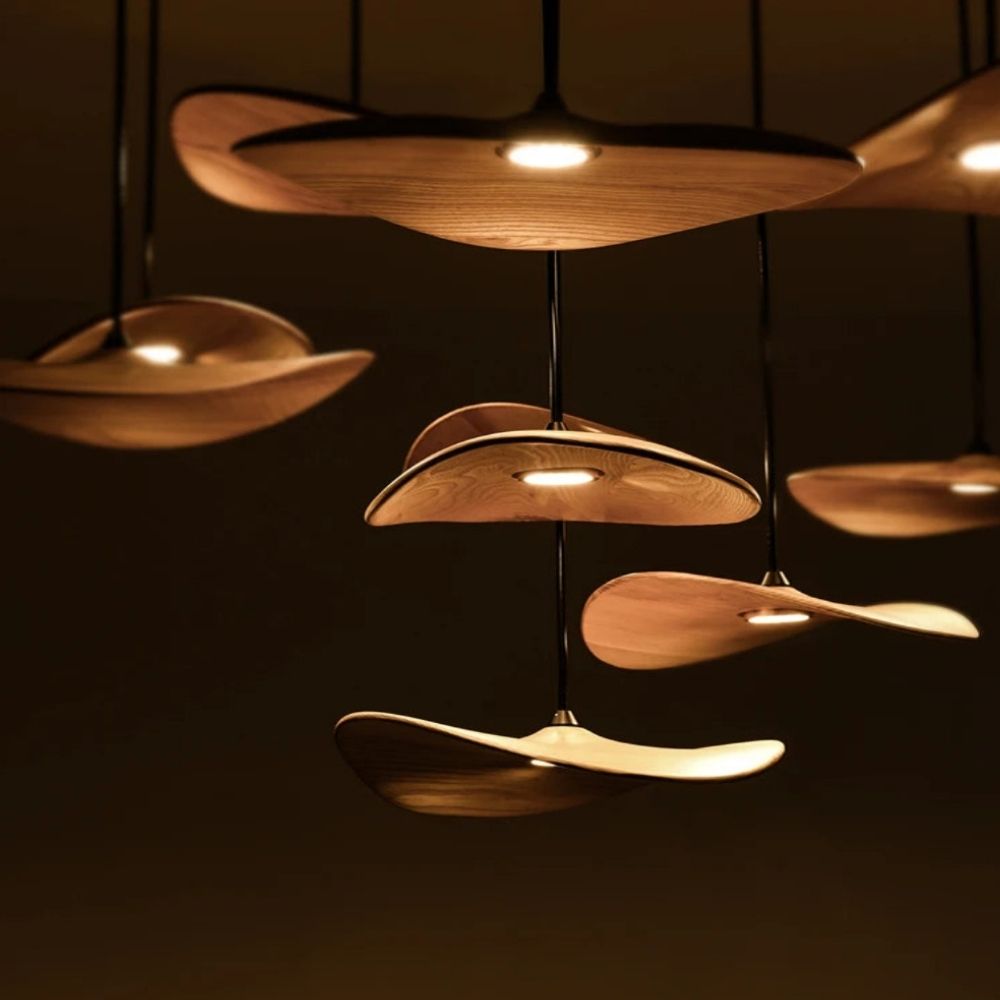 Multi Light Pendant Chandelier Wood Disc Pendant Light with Tricolor LED and Wall Switch