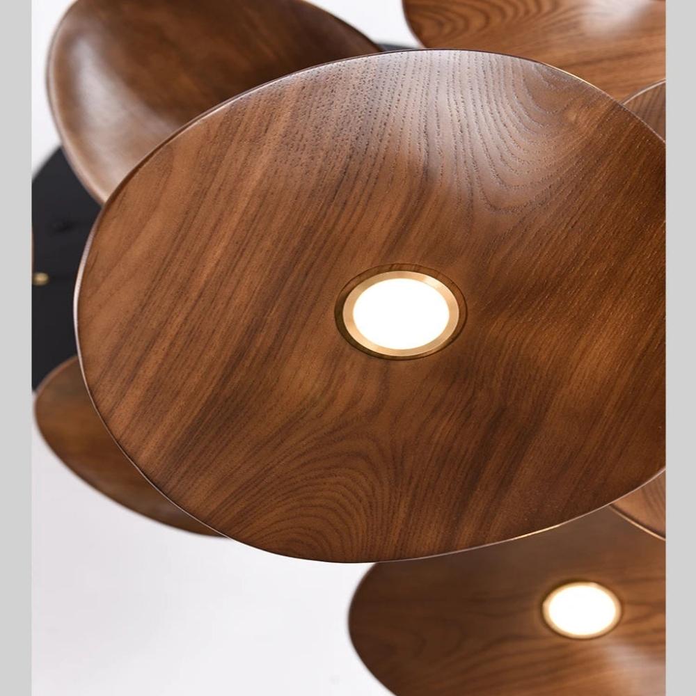 Multi Light Pendant Chandelier Wood Disc Pendant Light with Tricolor LED and Wall Switch