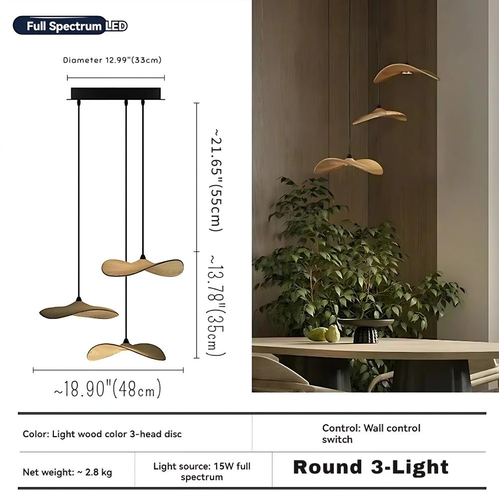 Multi Light Pendant Chandelier Wood Disc Pendant Light with Tricolor LED and Wall Switch