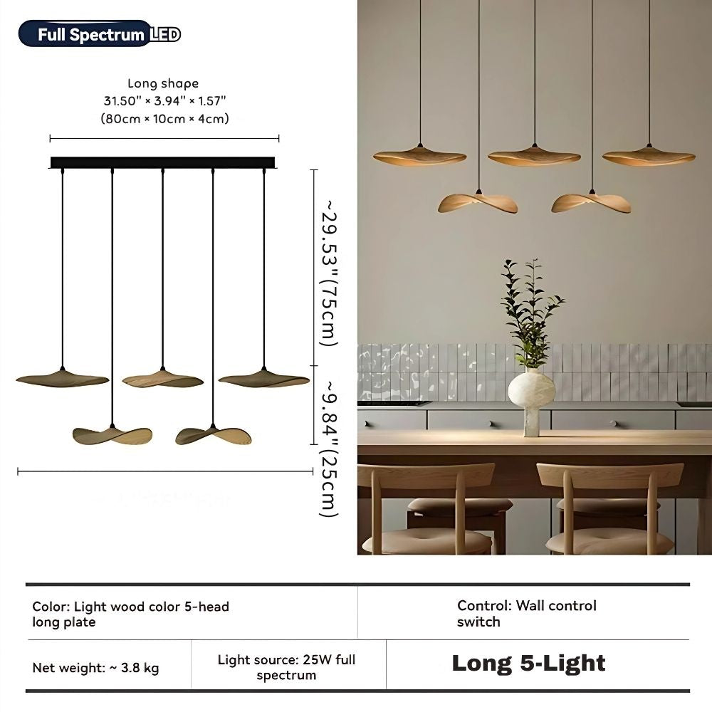 Multi Light Pendant Chandelier Wood Disc Pendant Light with Tricolor LED and Wall Switch