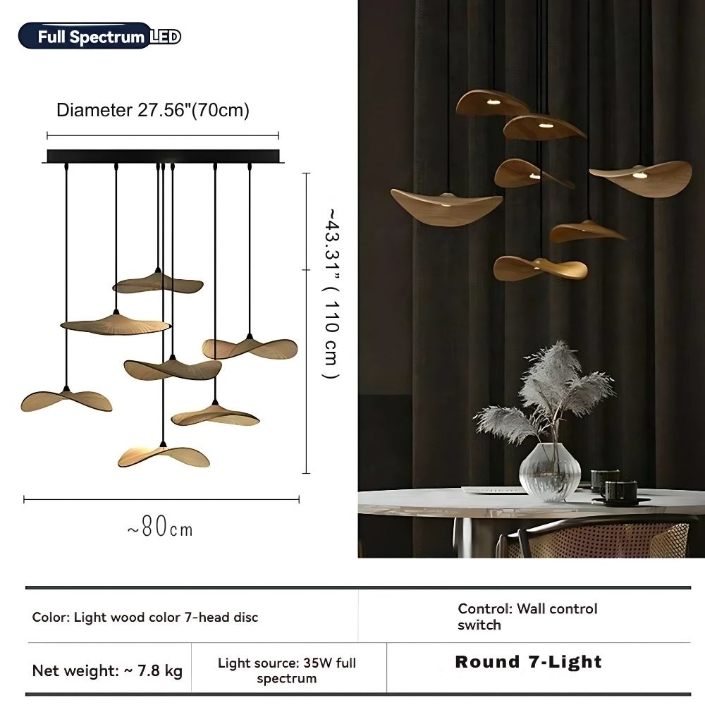 Multi Light Pendant Chandelier Wood Disc Pendant Light with Tricolor LED and Wall Switch