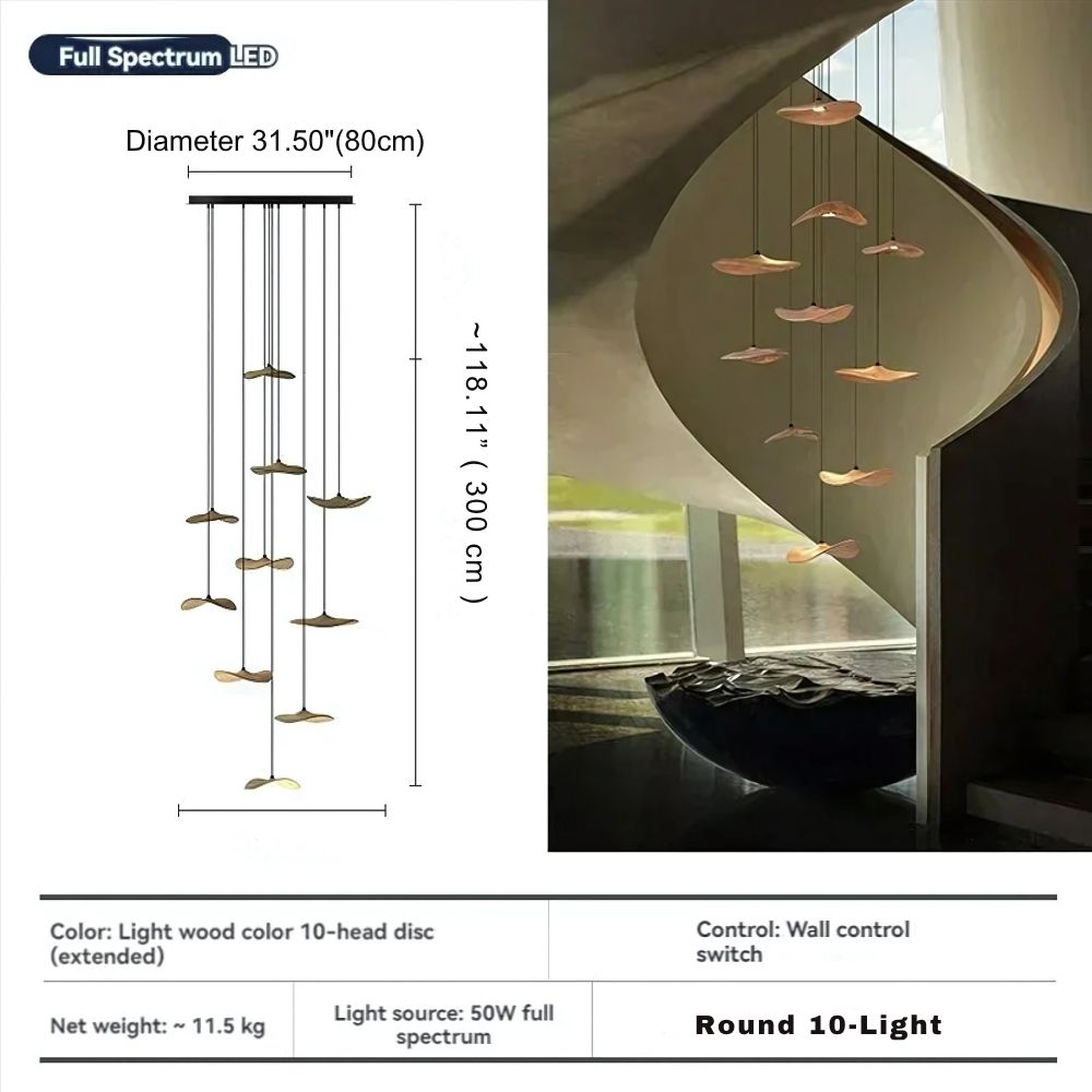 Multi Light Pendant Chandelier Wood Disc Pendant Light with Tricolor LED and Wall Switch