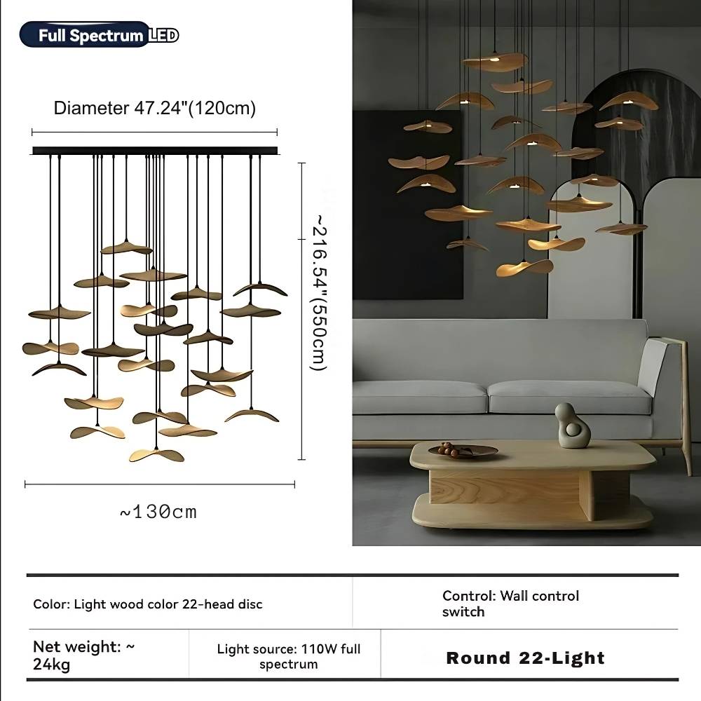 Multi Light Pendant Chandelier Wood Disc Pendant Light with Tricolor LED and Wall Switch