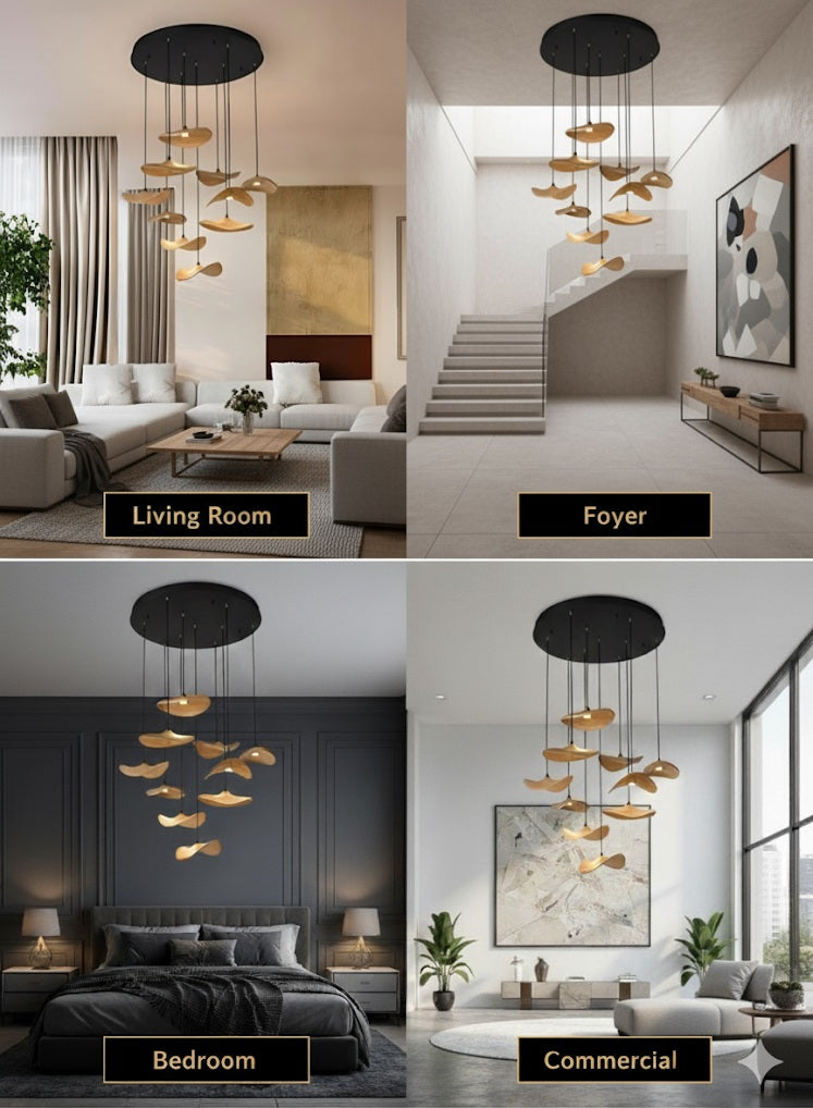 Multi Light Pendant Chandelier Wood Disc Pendant Light with Tricolor LED and Wall Switch