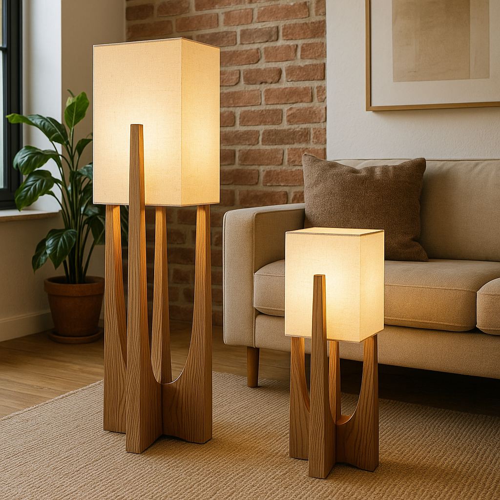 Floor Lamp Wabi Sabi Handcrafted Fabric Shade Modern Floor Lamp with Wooden Base