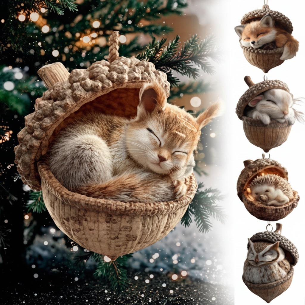 Christmas Ornaments Plush Animals in Soft Acorn Shells for Tree or Mantel
