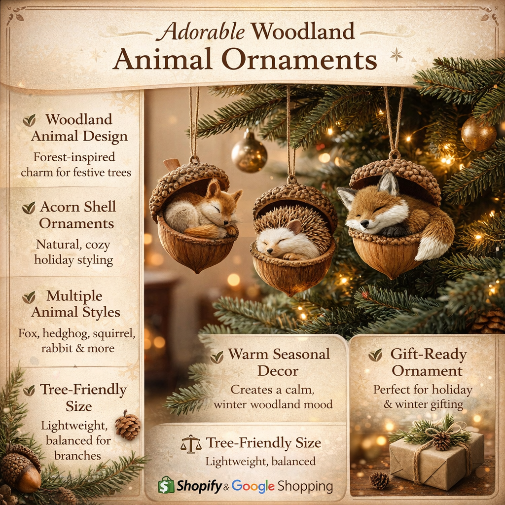 Christmas Ornaments Forest Animals in Acorn Shells for Tree and Shelf