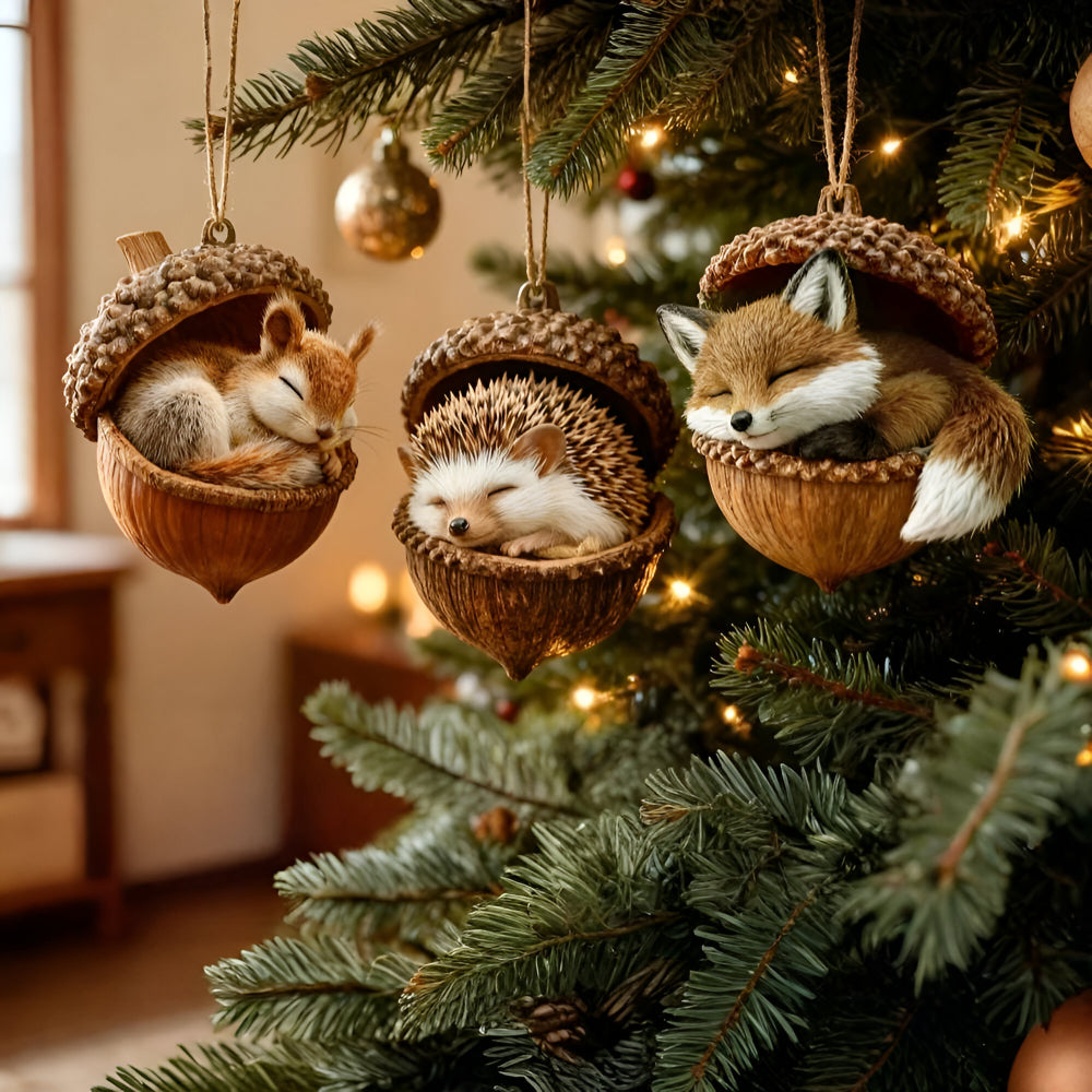 Christmas Ornaments Forest Animals in Acorn Shells for Tree and Shelf