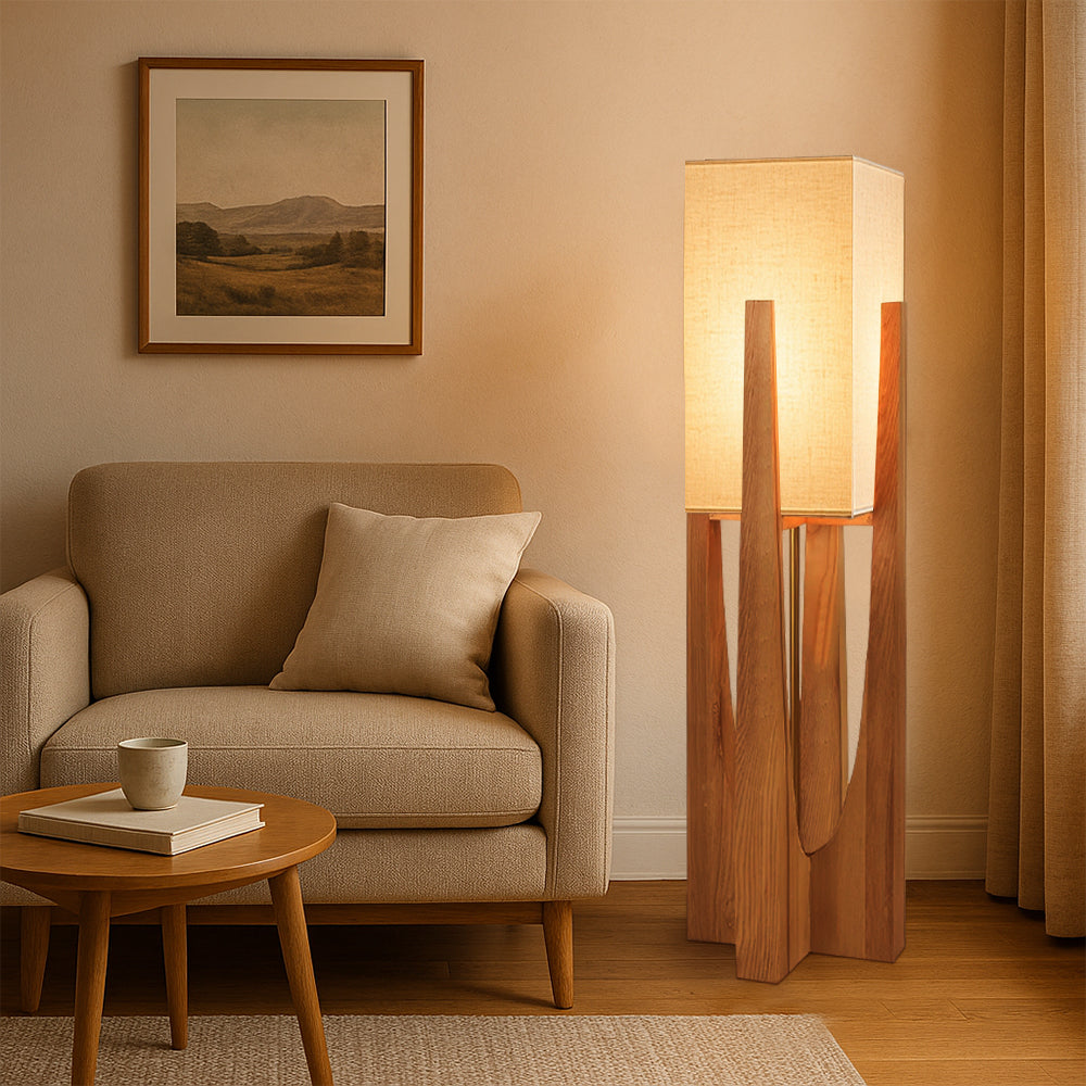 Floor Lamp Wabi Sabi Handcrafted Fabric Shade Modern Floor Lamp with Wooden Base