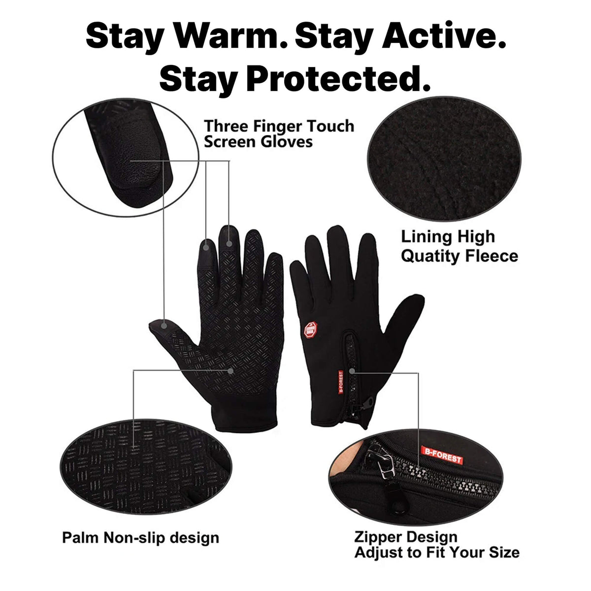 Heated Feeling Gloves Windproof Thermal with Zip and Silicone Palm Grip