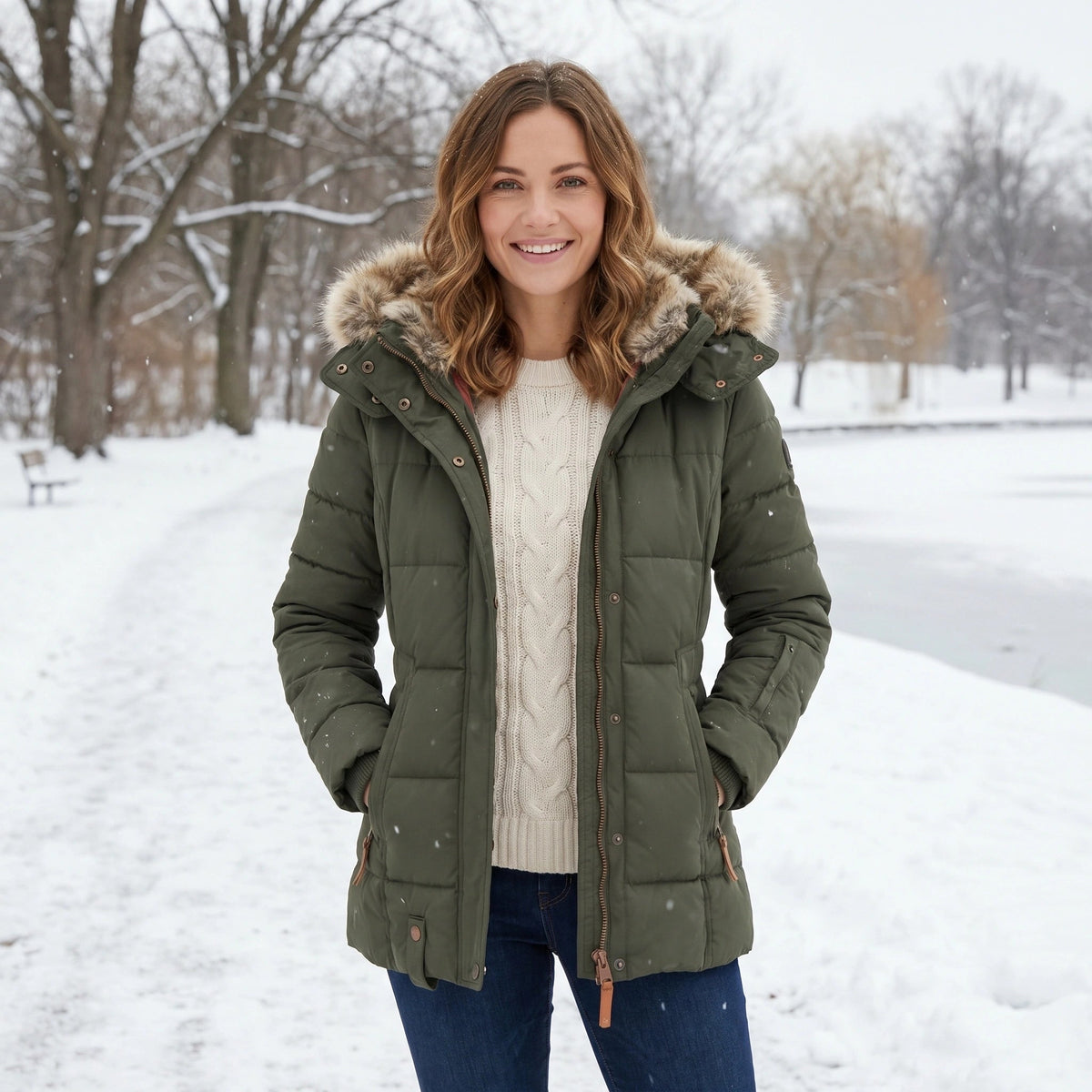 Womens Coat Fitted Winter Puffer Jacket with Faux Fur Trimmed Hood and Button Front