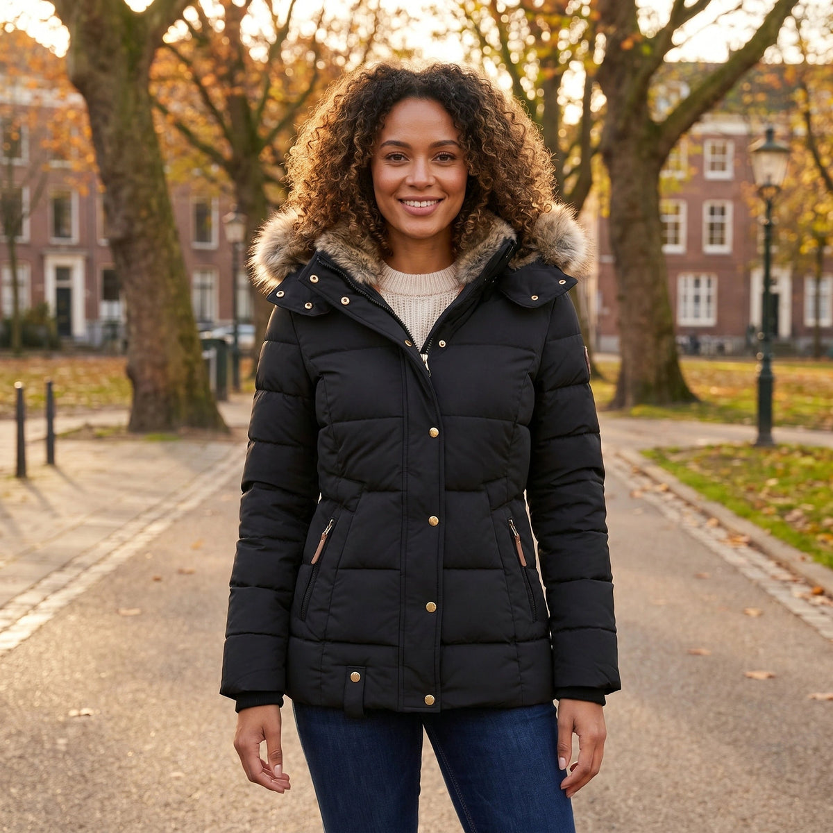 Womens Coat Fitted Winter Puffer Jacket with Faux Fur Trimmed Hood and Button Front