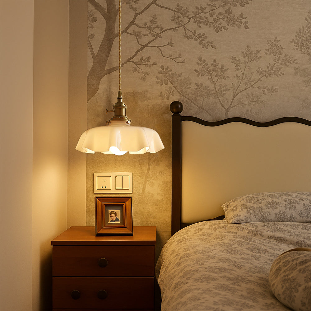 Pendant Light French Scalloped Cream Glass with Brass Fitting and Adjustable Cable