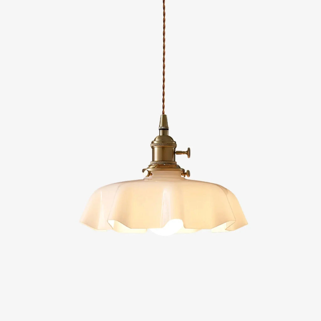 Pendant Light French Scalloped Cream Glass with Brass Fitting and Adjustable Cable