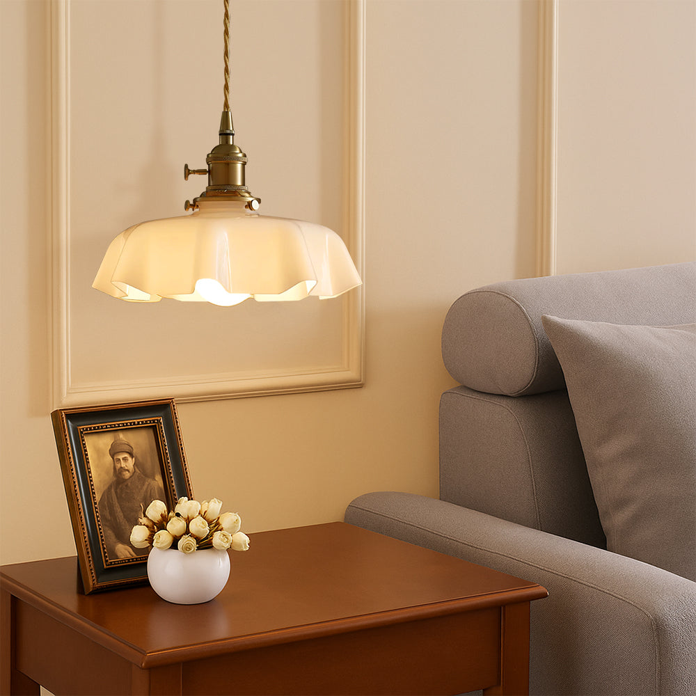Pendant Light French Scalloped Cream Glass with Brass Fitting and Adjustable Cable