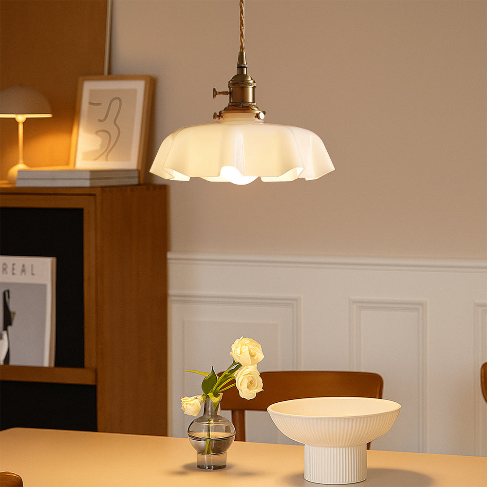Pendant Light French Scalloped Cream Glass with Brass Fitting and Adjustable Cable