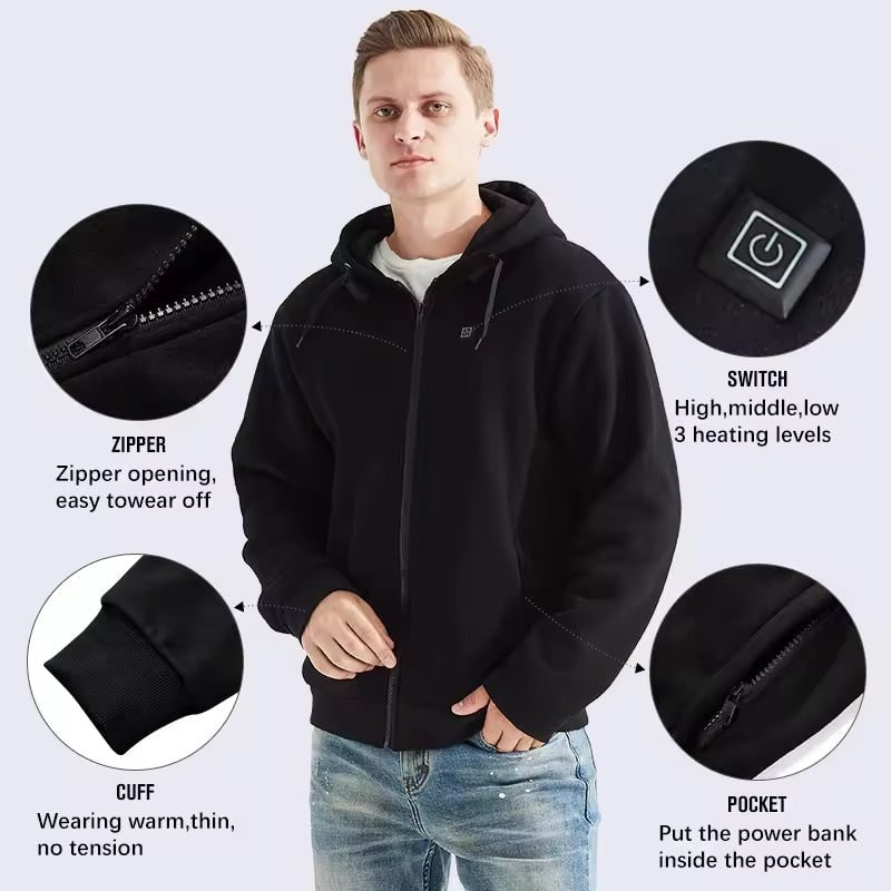 Heated Jacket Hoodie USB with Zoned Warmth and Secure Power Bank Pocket