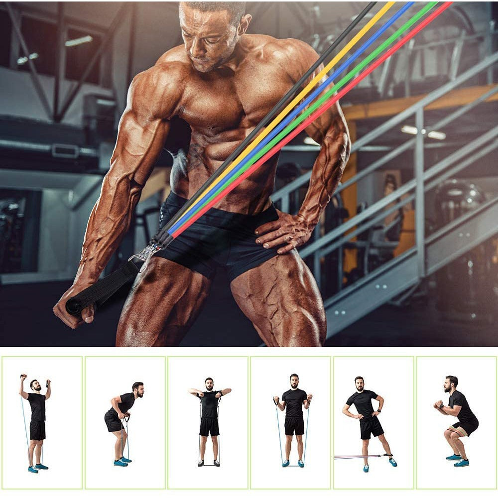 Resistance Bands Set of 11 Pieces Stacking to 100 lbs with Door Anchor