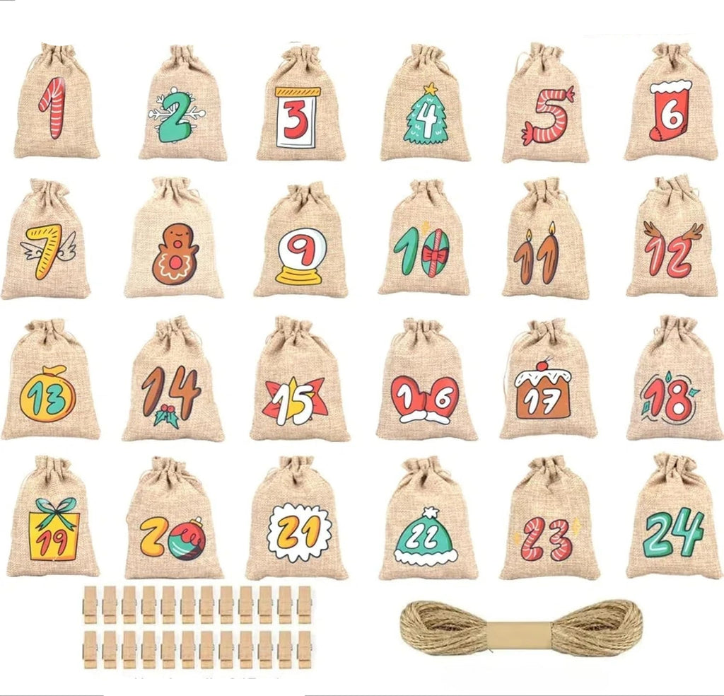 Advent Calendar with 24 Numbered Jute Bags and Wooden Clips to Hang