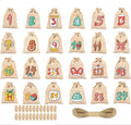 Advent Calendar with 24 Numbered Jute Bags and Wooden Clips to Hang