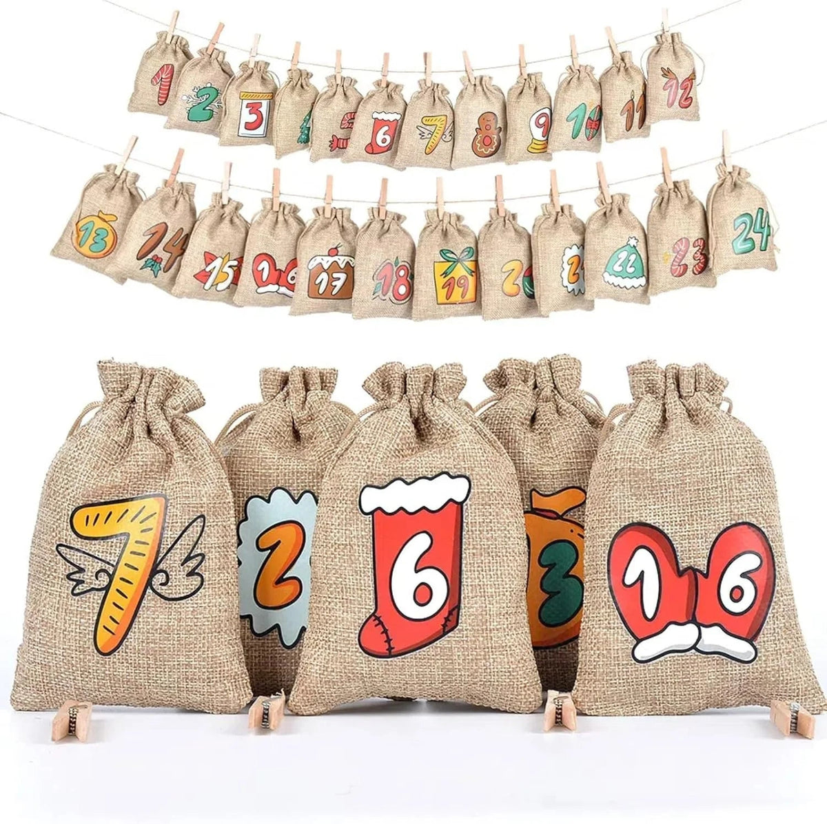 Advent Calendar with 24 Numbered Jute Bags and Wooden Clips to Hang