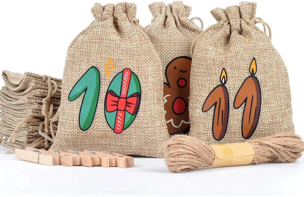 Advent Calendar with 24 Numbered Jute Bags and Wooden Clips to Hang