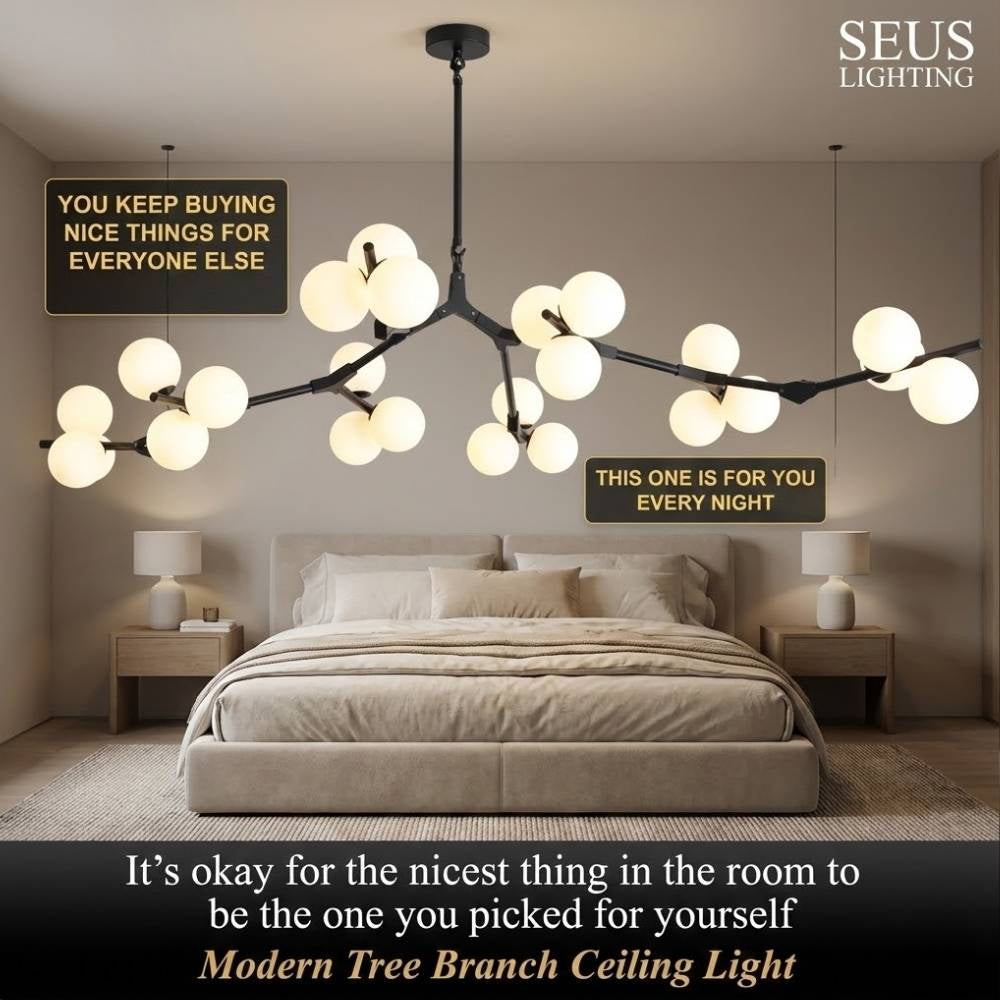 Tree Branch Ceiling Light Fixture Modern Chandelier with White Glass Globes for Sloped Ceilings