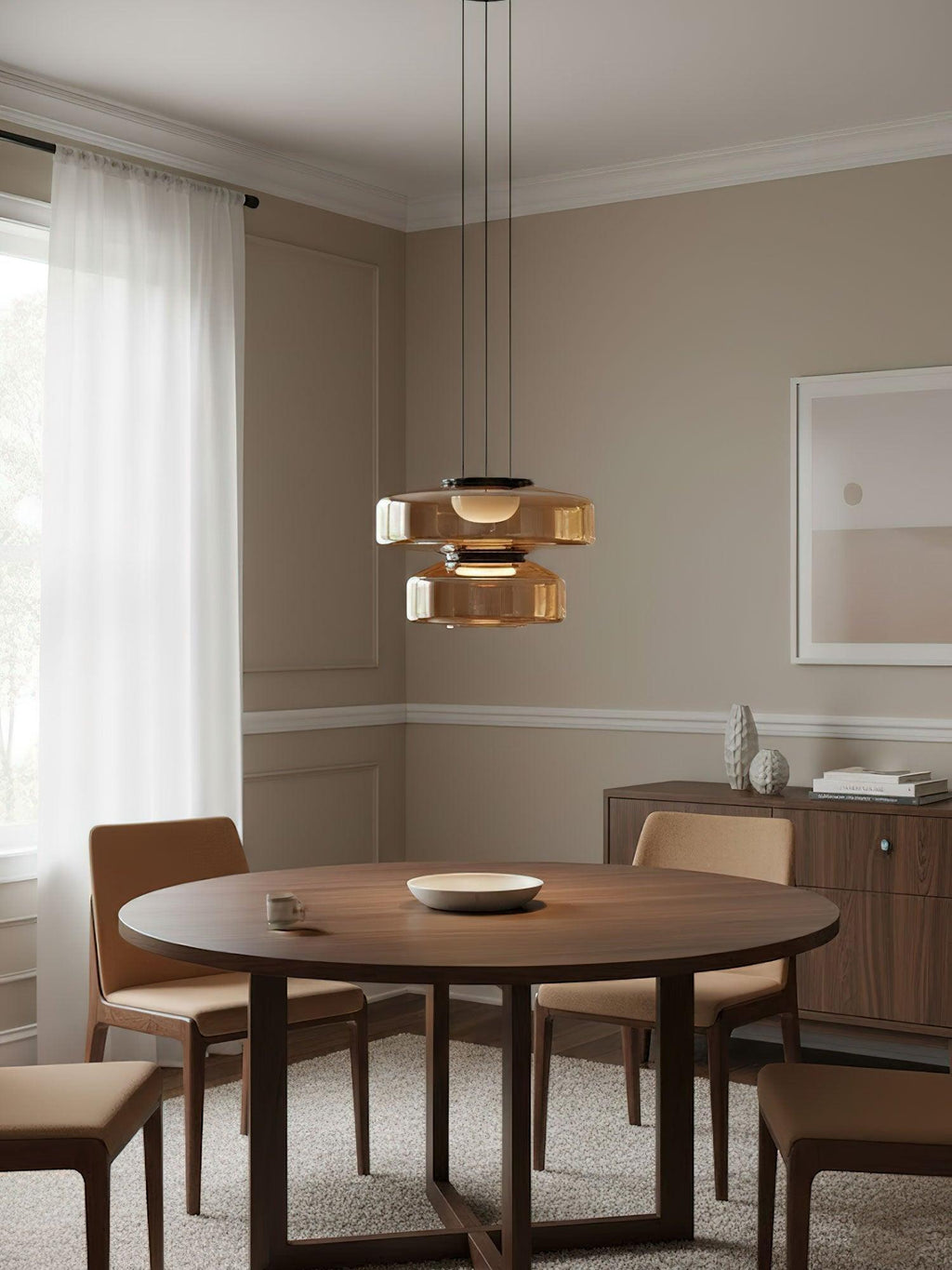 Glass Pendant Light Fixture Minimalist Layered Shade in Six Sizes with Warm LED