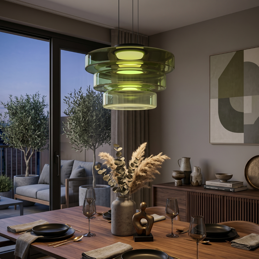 Glass Pendant Light Fixture Minimalist Layered Shade in Six Sizes with Warm LED