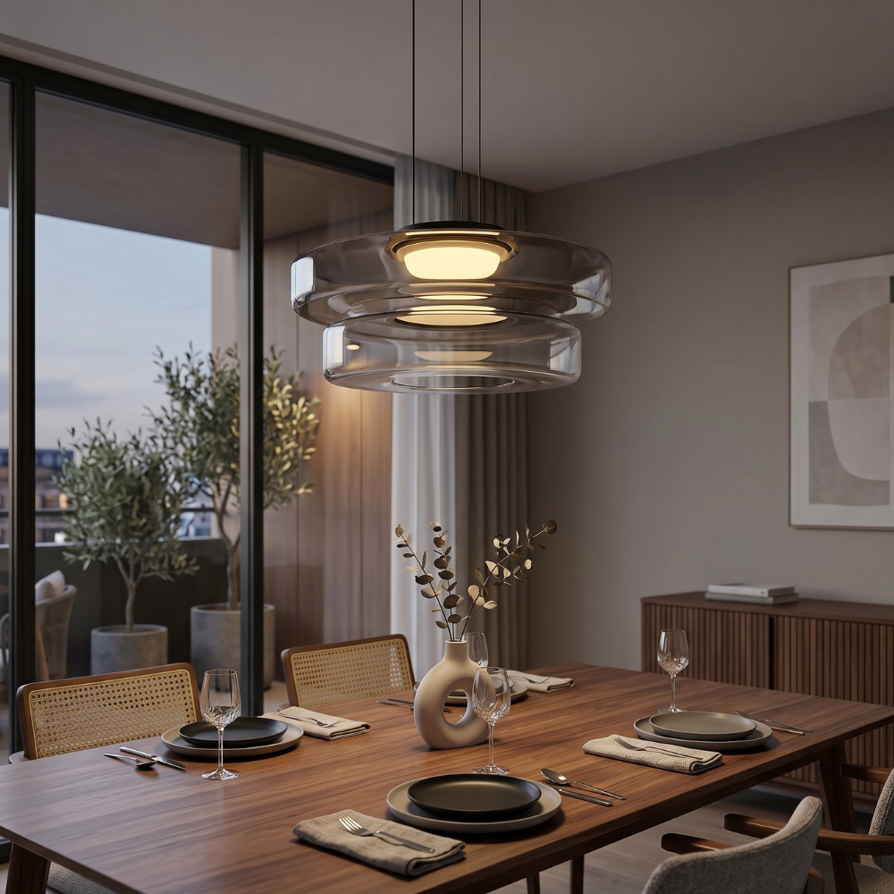 Glass Pendant Light Fixture Minimalist Layered Shade in Six Sizes with Warm LED