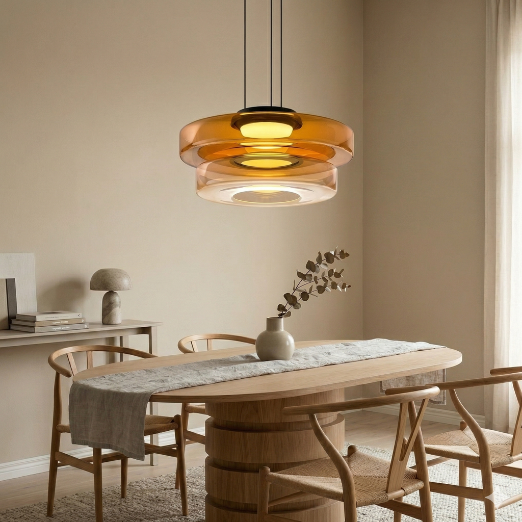 Glass Pendant Light Fixture Minimalist Layered Shade in Six Sizes with Warm LED