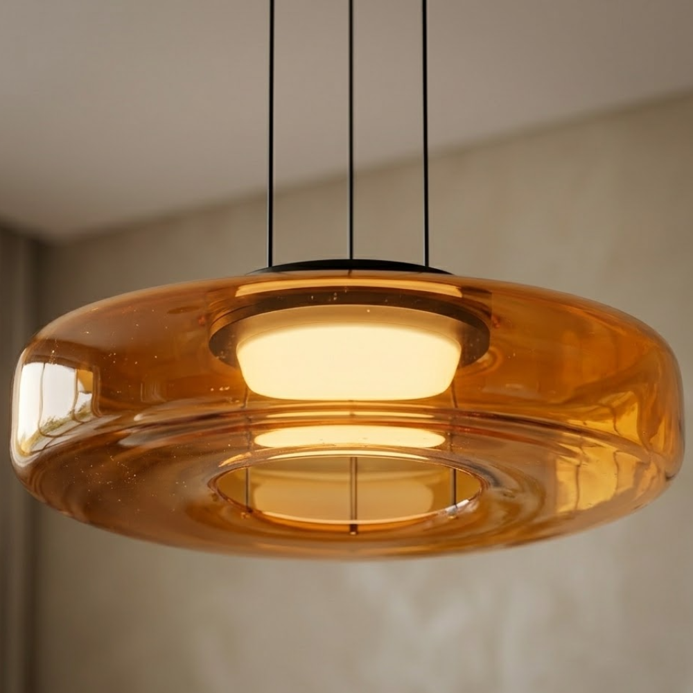 Glass Pendant Light Fixture Minimalist Layered Shade in Six Sizes with Warm LED