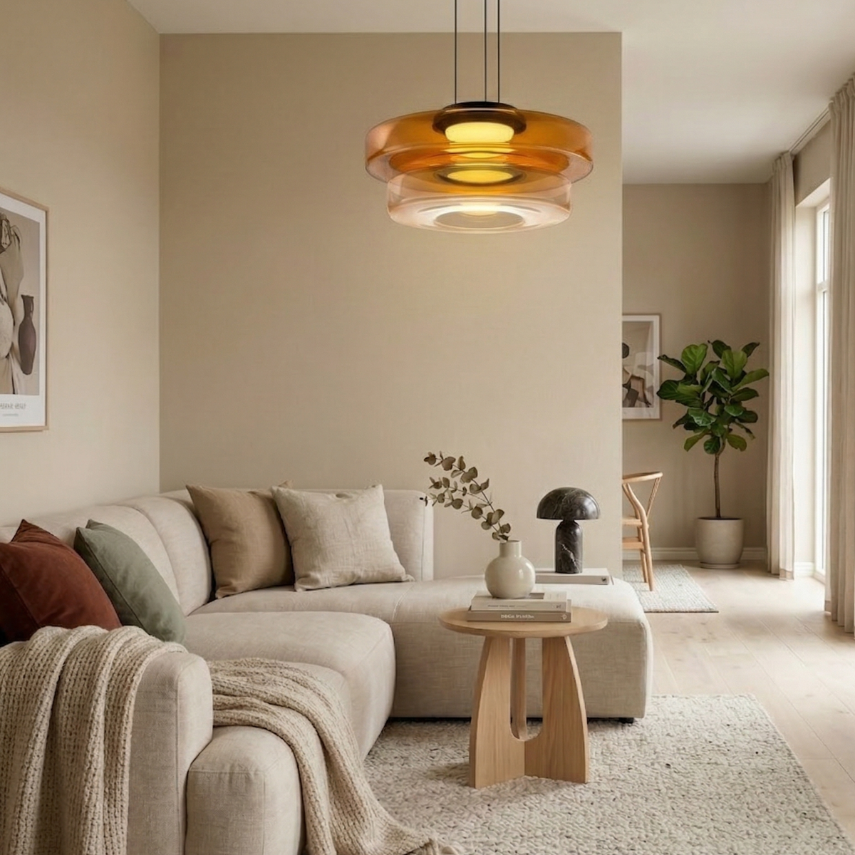 Glass Pendant Light Fixture Minimalist Layered Shade in Six Sizes with Warm LED