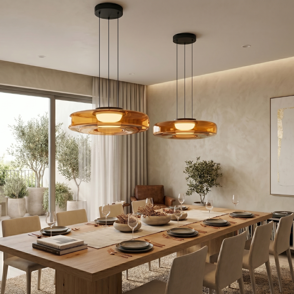 Glass Pendant Light Fixture Minimalist Layered Shade in Six Sizes with Warm LED