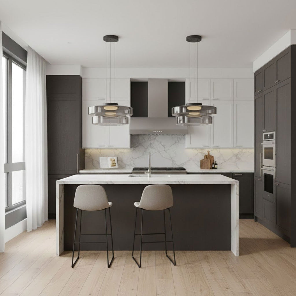 Glass Pendant Light Fixture Minimalist Layered Shade in Six Sizes with Warm LED